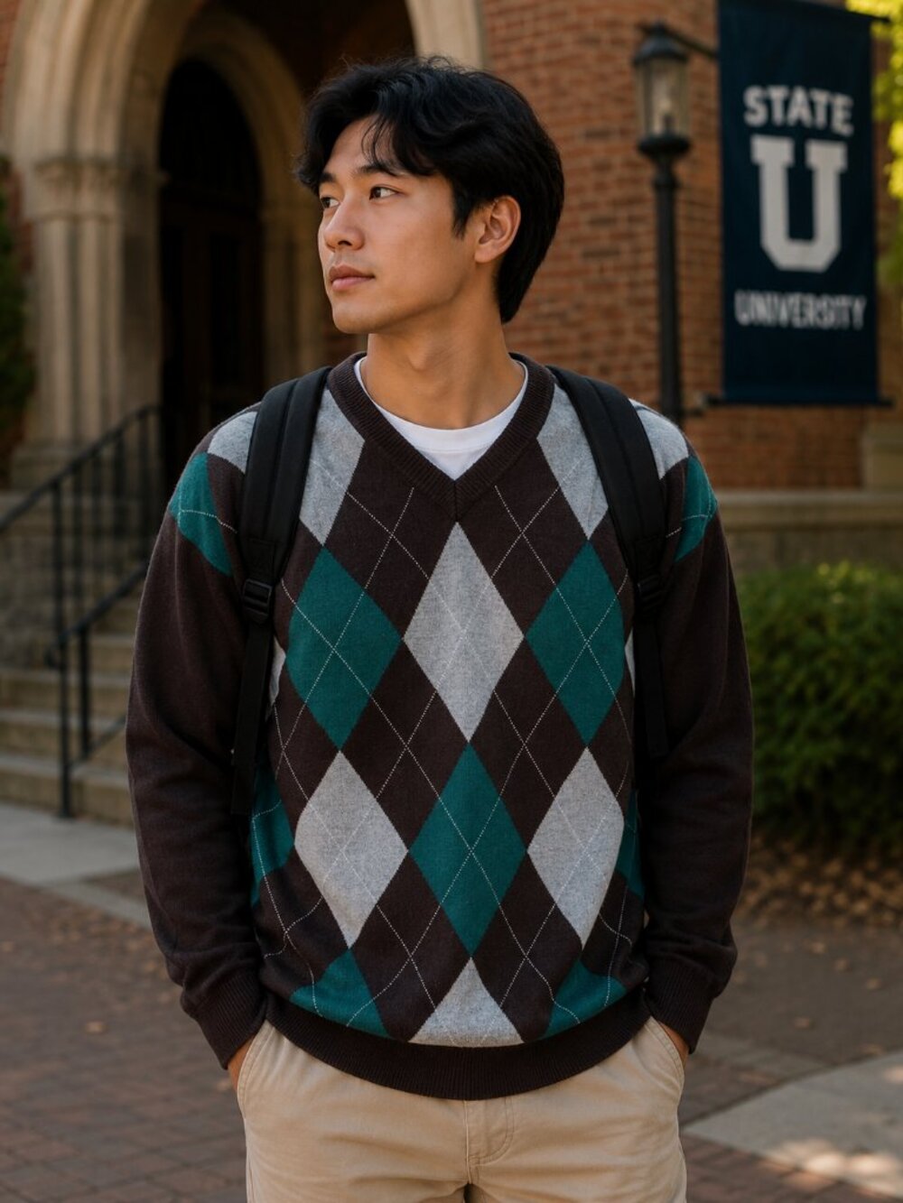 Old Navy XXL Argyle V Neck Sweater Brown Teal Excellent Condition